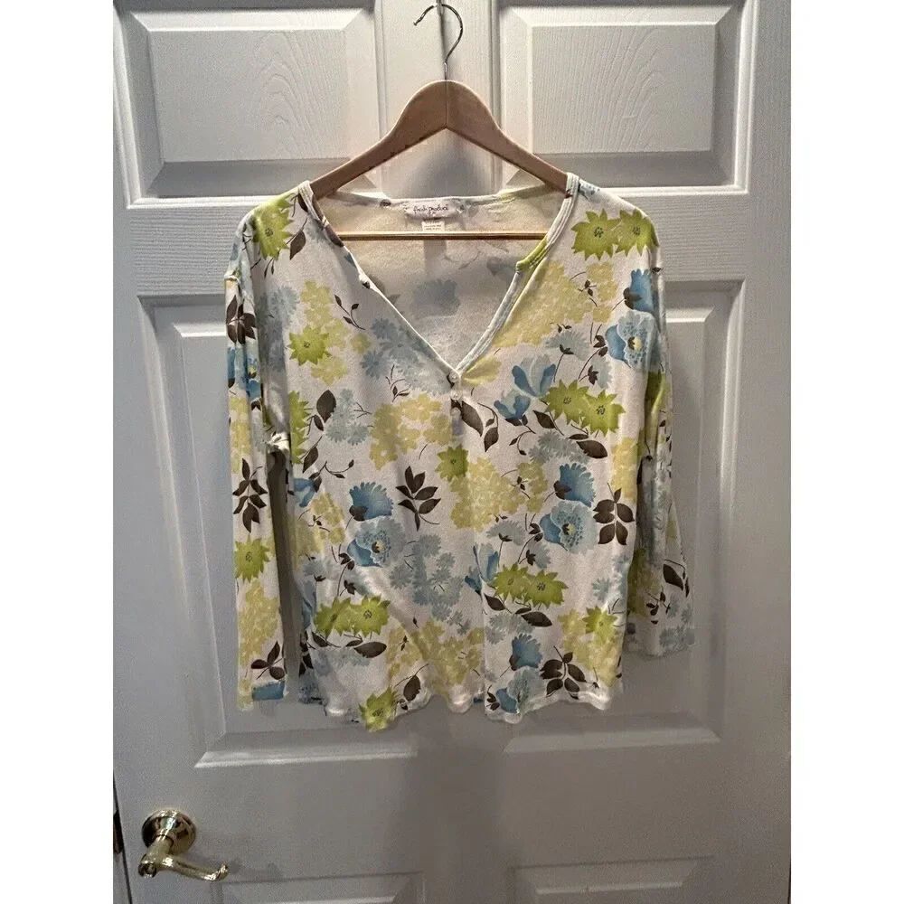 Fresh Produce Floral Top Women XL 100% Cotton V Neck Button Accent #8659 ATAMHN